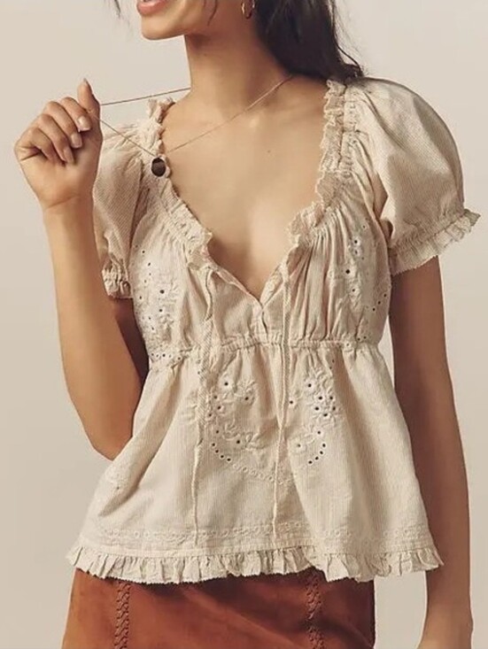 Anthropologie Tops - Anthropologie Puff-Sleeve Embroidered Babydoll Top tan and cream stripes Sz XL